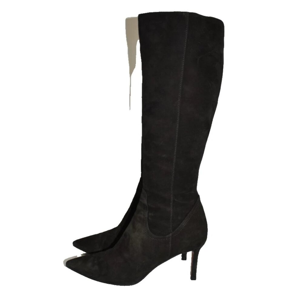 $650 Aquatalia SUEDE Weatherproof POINTY HEEL BLACK TALL BOOT RHUMBA 8 (TE17)